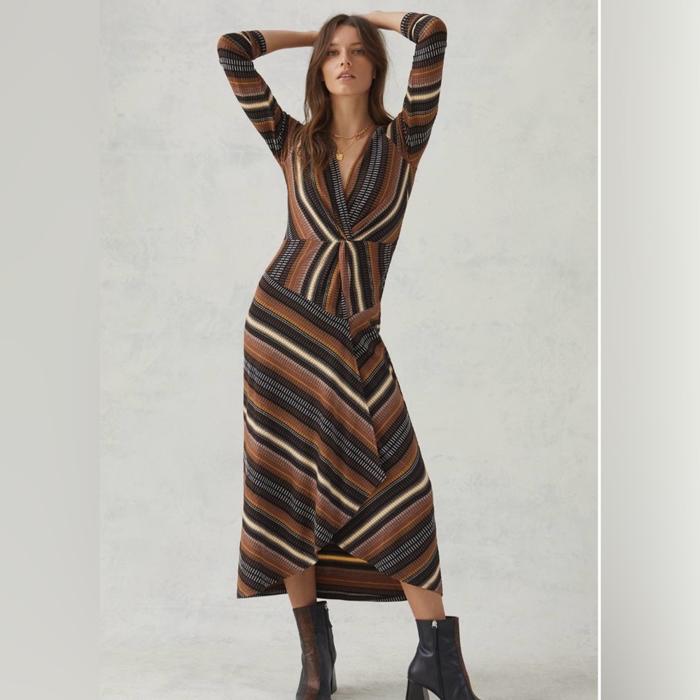 Maeve Anthropologie Striped Knot Front Wrap Midi Dress Boho Brown S Petite NWT